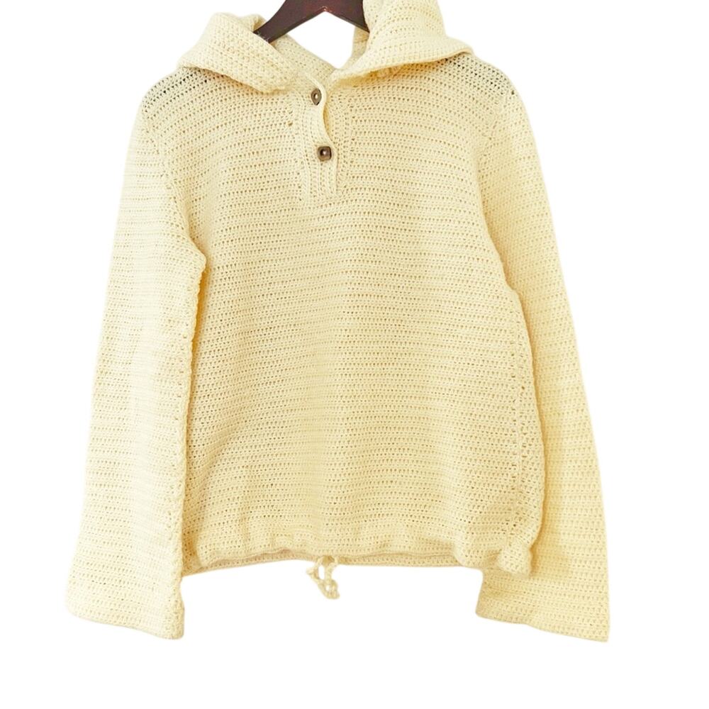 Vintage Boho Pastel Yellow Hand Knit Henley Hoodie